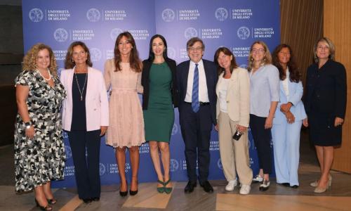 Giovanna Iannantuoni, Maria Pierro, Elena Lucchini, Marina Brambilla, Elio Franzini, Anna Gervasoni, Anna Scavuzzo, Marilisa D’Amico, Valentina Garavaglia al Tempo delle Donne all’Università degli Studi di Milano.