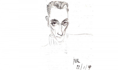 Giorgio Scerbanenco in un disegno di Stella, 1939. L'immagine è usata per la locandina dell'incontro