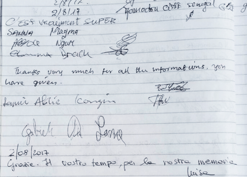 Una pagina del registro delle firme al carcere-bunker dell'Asinara