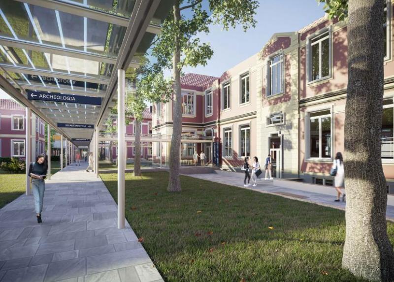 Campus umanistico dell'Università Statale di Milano: passerella-pedonale-protetta. Render di Ottavio Di Blasi and Partners