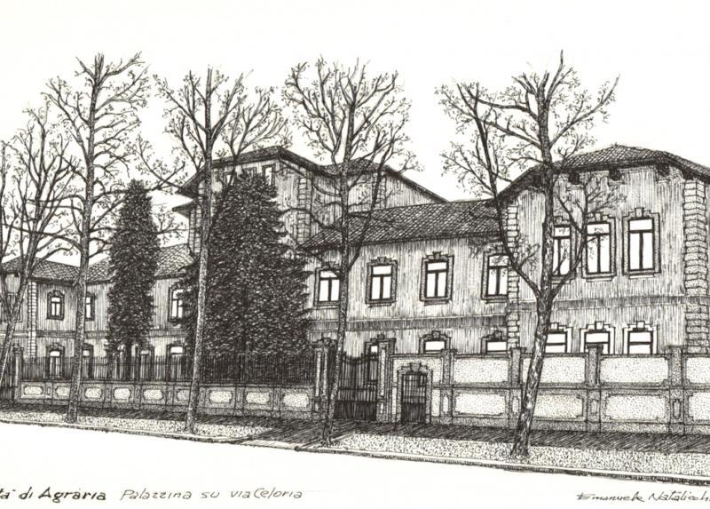 Il disegno della facciata della Facoltà su via Celoria realizzato nel 2007 da Emanuele Natalicchio, docente di Meccanica agraria