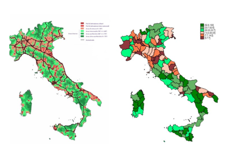 Aree centrali e marginali, secondo la classificazione proposta dalla Strategia Nazionale Aree Interne (mappa di sinistra) e la misura di grado di marginalità della provincia da noi utilizzata (mappa di destra)