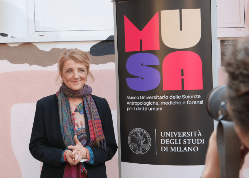 Cristina Cattaneo, Head of LABANOF and Full Professor of Legal Medicine and Anthropology in the Department of Biomedical Sciences for Health at the entrance of the Museum