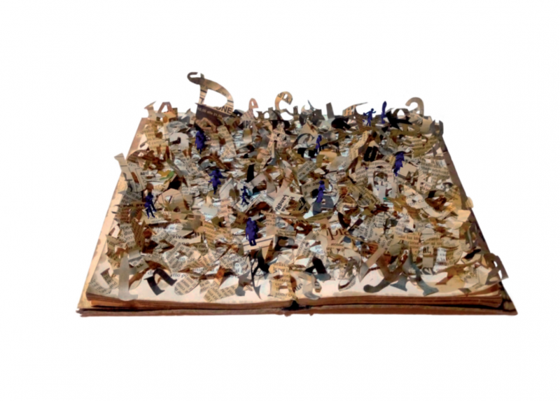 Immagine tratta dalla locandina del convegno: Paolo Beneforti, Perdersi nei boschi, libro, collage e figure in plastica, 2021