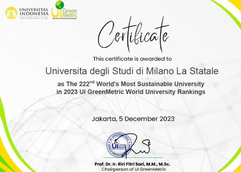 Certificato del Green Metric.