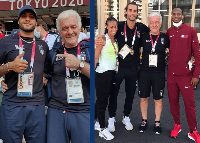 A sinistra Antonio La Torre con Marcell Jacobs, a destra con Gianmarco Tamberi e Barshim