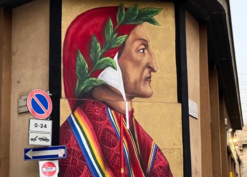 Il murale che raffigura Dante Alighieri dello street artist ecuadoregno Boris Veliz.