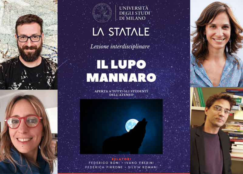 La locandina e i quattro docenti della Statale che terranno la lezione sul lupo mannaro