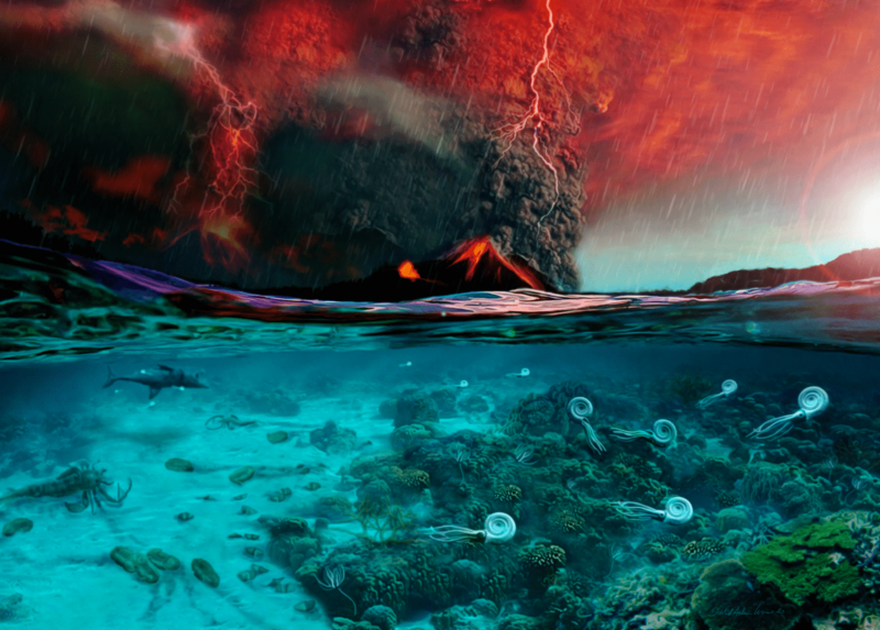 Gli ambienti estremi e inospitali alla fine del Paleozoico: vulcanismo, riscaldamento globale, acidificazione degli oceani e anossia produssero effetti catastrofici sulla biosfera (Jurikova et al. 2020). Credits: Dawid Adam Iurino. PaleoFactory, Sapienza University of Rome