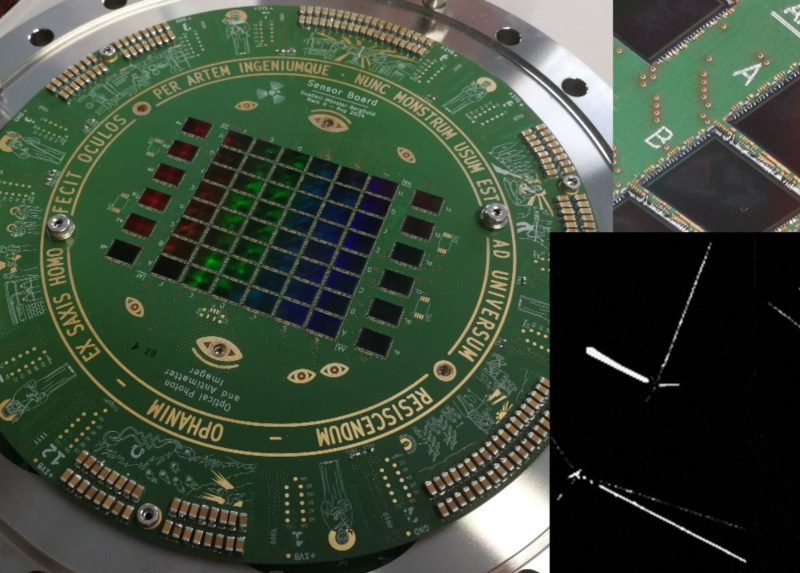  L’Optical Photon and Antimatter Imager (OPHANIM), che integra 60 sensori Sony IMX686,  e alcuni esempi di eventi di annichilazione di antiprotoni.