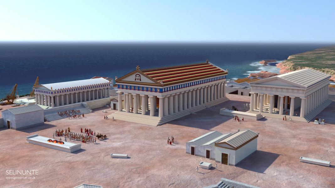 Ricostruzione del grande santuario urbano. Selinunte 410 BCE © 2023 John Goodinson. Scientific advisor: Clemente Marconi