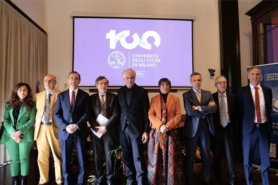 The participants to the press conference:  Marilisa D'Amico, Goffredo Haus, Giuseppe Sala, Elio Franzini, Massimiliano Finazzer Flory, Marina Carini, Giovanni Fosti, Gian Vincenzo Zuccotti, Alessandro Fermi 