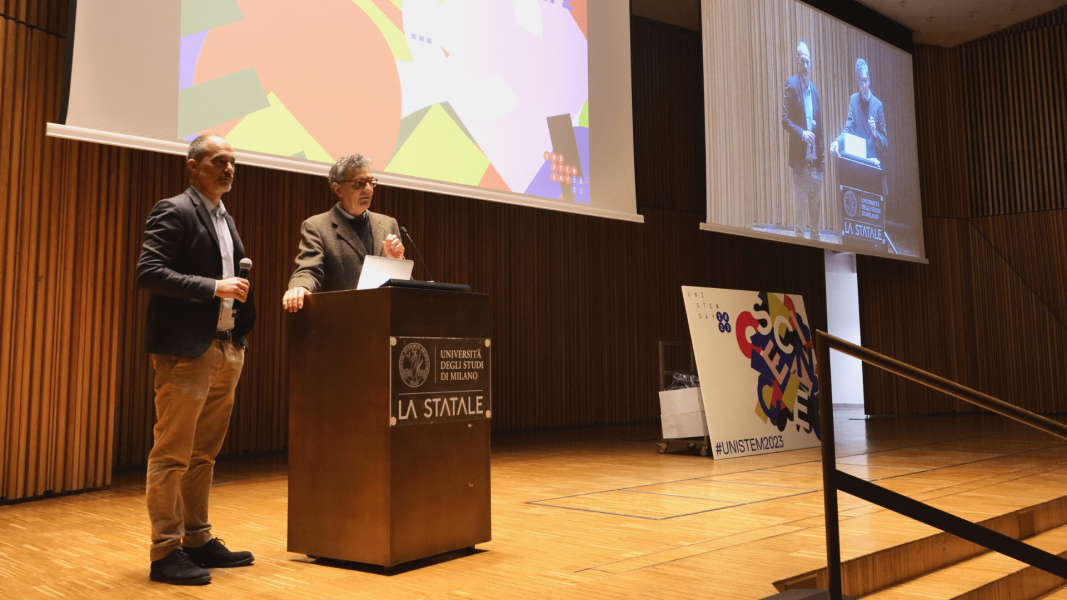 Fulvio Gandolfi, docente di Anatomia veterinaria, e Yvan Torrente, docente di Neurologia, presentano l’UniStem Day della Statale