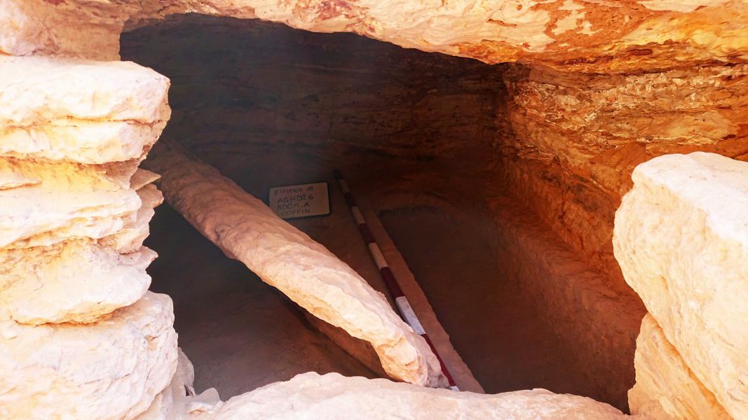 La tomba AGH026 dove è stato rinvenuto il frammento di un coperchio di un sarcofago su cui è rappresentato il muso di un leopardo