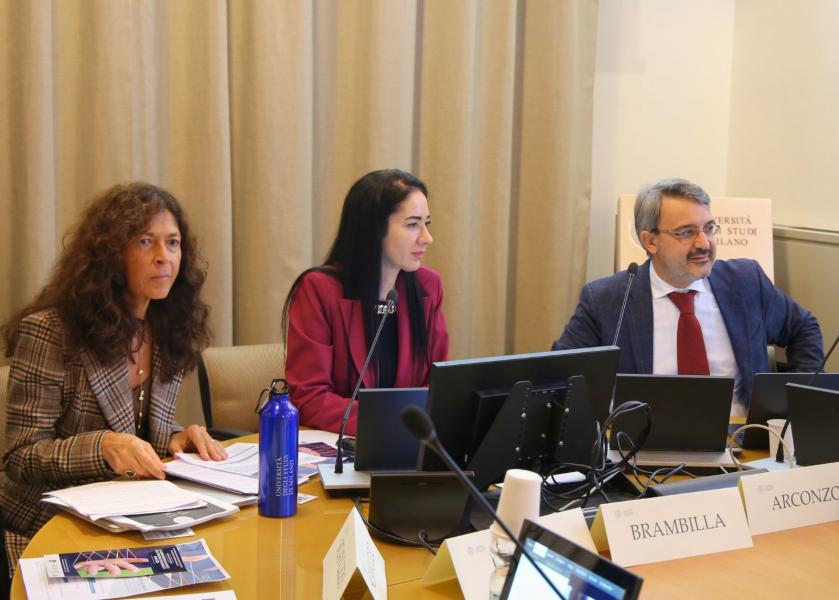 Un momento della presentazione con la prorettrice Marilisa D'Amico, la rettrice Marina Brambilla e il professor Giuseppe Arconzo