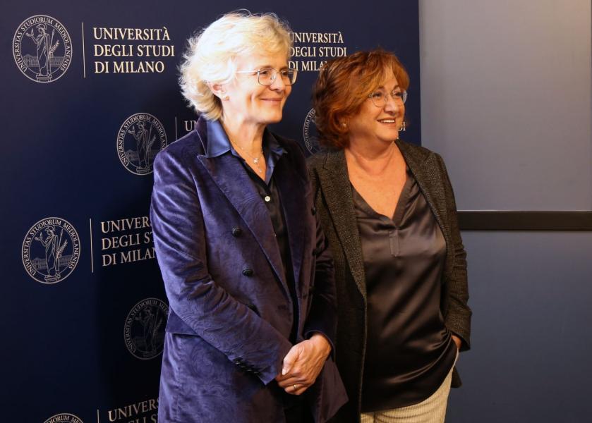 Elena Cattaneo, docente della Statale e Senatrice a vita, e Monica Diluca, prorettrice alla Ricerca della Statale.