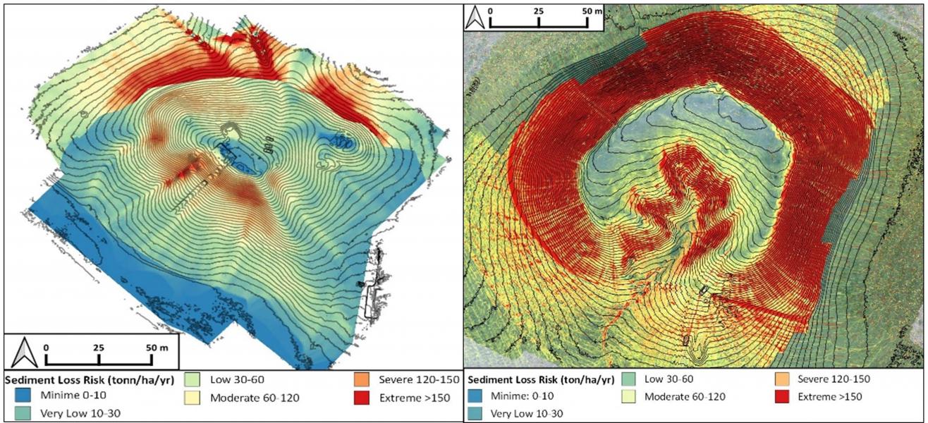 I modelli RUSLE elaborati per i due siti e che indicano (aree in rosso) le porzioni più a rischio di erosione