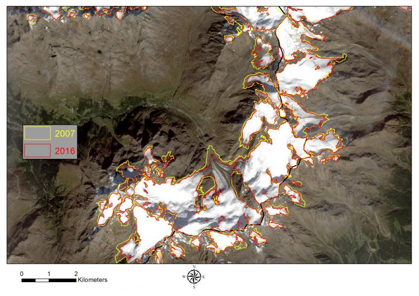 La variazione del ghiacciaio del Parco Stelvio tra il 2007 e il 2015