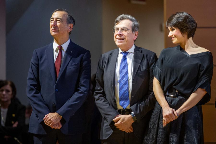 Il rettore Elio Franzini con il sindaco Giuseppe Sala e la presidente del Consiglio comunale Elena Buscemi