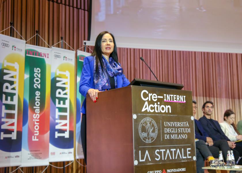 La rettrice Marina Brambilla alla conferenza stampa in Aula Magna per la mostra evento di INTERNI Cre-Action