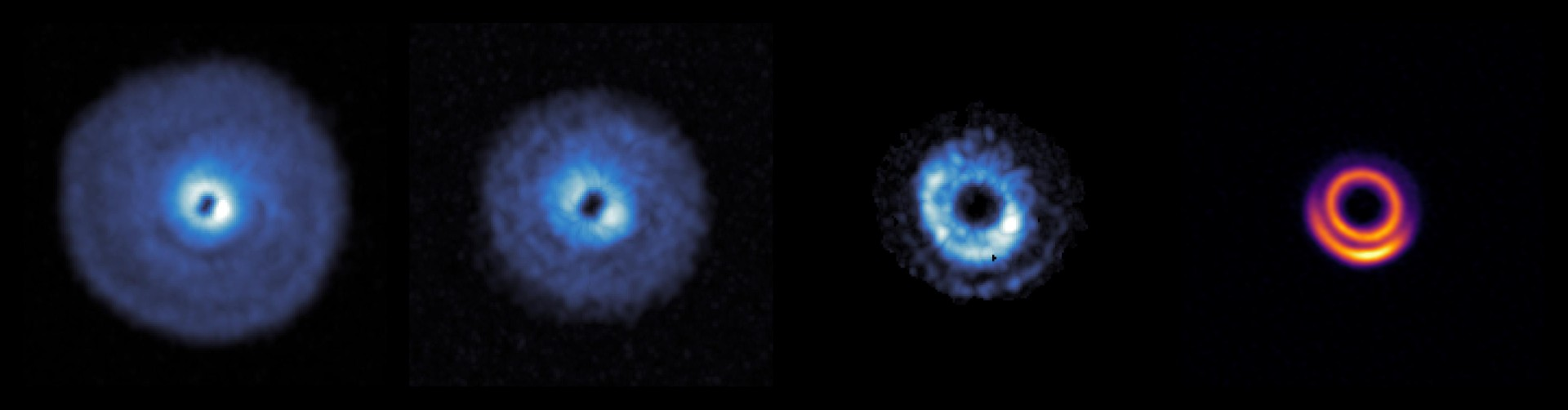 Quattro facce di HD 135344B: le emissioni 12CO, 13CO, CS e il continuum di questo disco protopianetario mostrano una morfologia complessa che fa pensare a un vortice. Immagine di Richard Teague e della Collaborazione exoALMA.