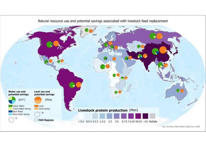 Distribuzione globale della produzione di proteine, compresi carne e prodotti lattiero-caseari, adattata dalla FAO, combinata con i risultati regionali sull'uso di suolo e acqua per la produzione di mangimi animali ad alto contenuto energetico (es. cereali) e i potenziali risparmi ottenibili sostituendo questi ultimi con i sottoprodotti agricoli disponibili.