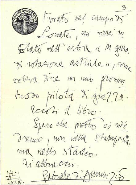 Scambio epistolare con Gabriele D'Annunzio - Dal Fondo Orio Vergani