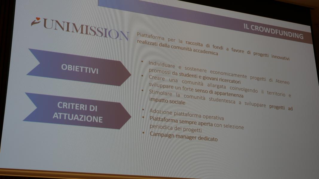 Un momento della presentazione della piattaforma di crowdfunding UniMission