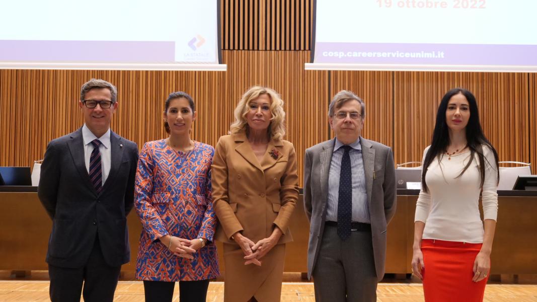 Giovanni Bocchieri di Regione Lombardia, l'assessora del Comune di Milano, Alessia Cappello, l'assessore di Regione Lombardia, Melania Rizzoli, il rettore Elio Franzini e la prorettrice Marina Brambilla