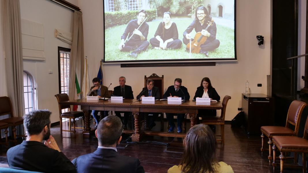 La conferenza stampa di presentazione della stagione con il nuovo direttore musicale dell'Orchestra, Sebastiano Rolli, il presidente dell'Orchestra Claudio Toscani, il rettore Elio Franzini, il presidente di Fondazione UNIMI Luca Solari e Luisella Molina, dg dell'Orchestra UNIMI