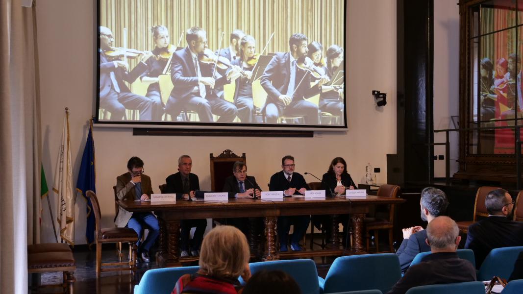La conferenza stampa di presentazione della stagione con il nuovo direttore musicale dell'Orchestra, Sebastiano Rolli, il presidente dell'Orchestra Claudio Toscani, il rettore Elio Franzini, il presidente di Fondazione UNIMI Luca Solari e Luisella Molina, dg dell'Orchestra UNIMI