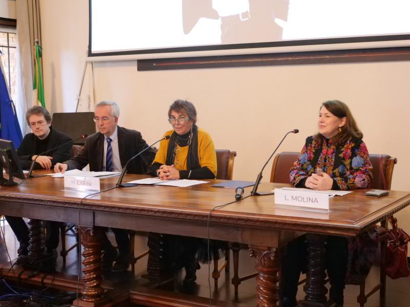 Un momento della presentazione con Sebastiano Rolli, direttore musicale dell'Orchestra UNIMI, Claudio Toscani, presidente dell'Orchestra UNIMI, la prorettrice a Terza Missione, Attivita culturali e Impatto sociale, Marina Carini,  Luisella Molina, direttore generale Orchestra UNIMI