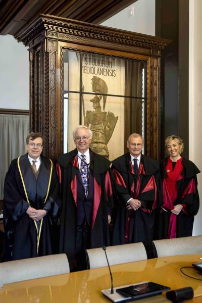 Il rettore Elio Franzini, il professor Bruce Ackerman, il professor Nicolò Zanon, la professoressa Chiara Amalfitano - Credit Marco Riva