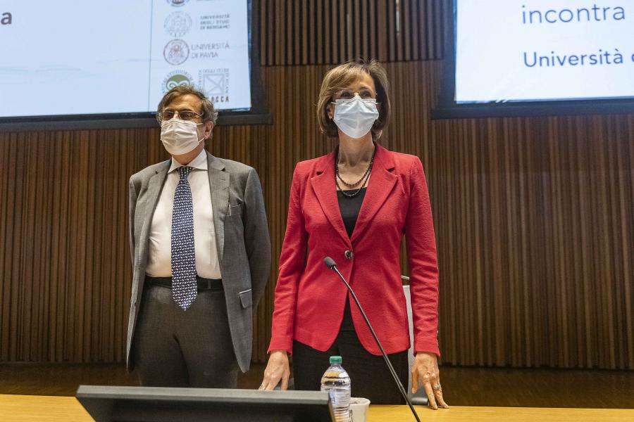 La Ministra Marta Cartabia con il Rettore Elio Franzini nell'Aula Magna della Statale - Foto Marco Riva