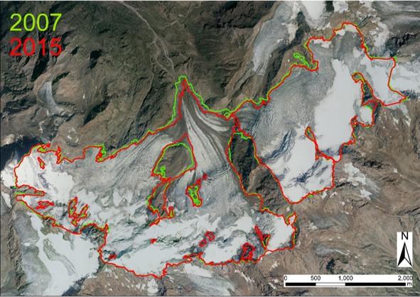 La variazione del ghiacciaio dei Forni tra il 2007 e il 2017