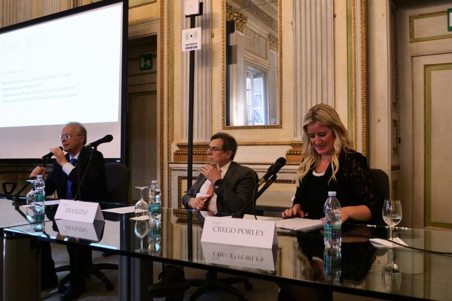 Un momento dell'incontro con il prefetto Renato Saccone, il rettore Elio Franzini, Verónica Crego Porley, Console generale dell’Uruguay a Milano